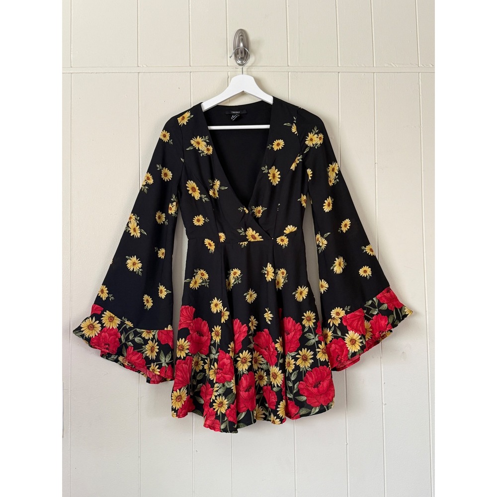 Forever 21 Womens Boho Floral Mini Dress Sunflower Bell Sleeve Size S Festival